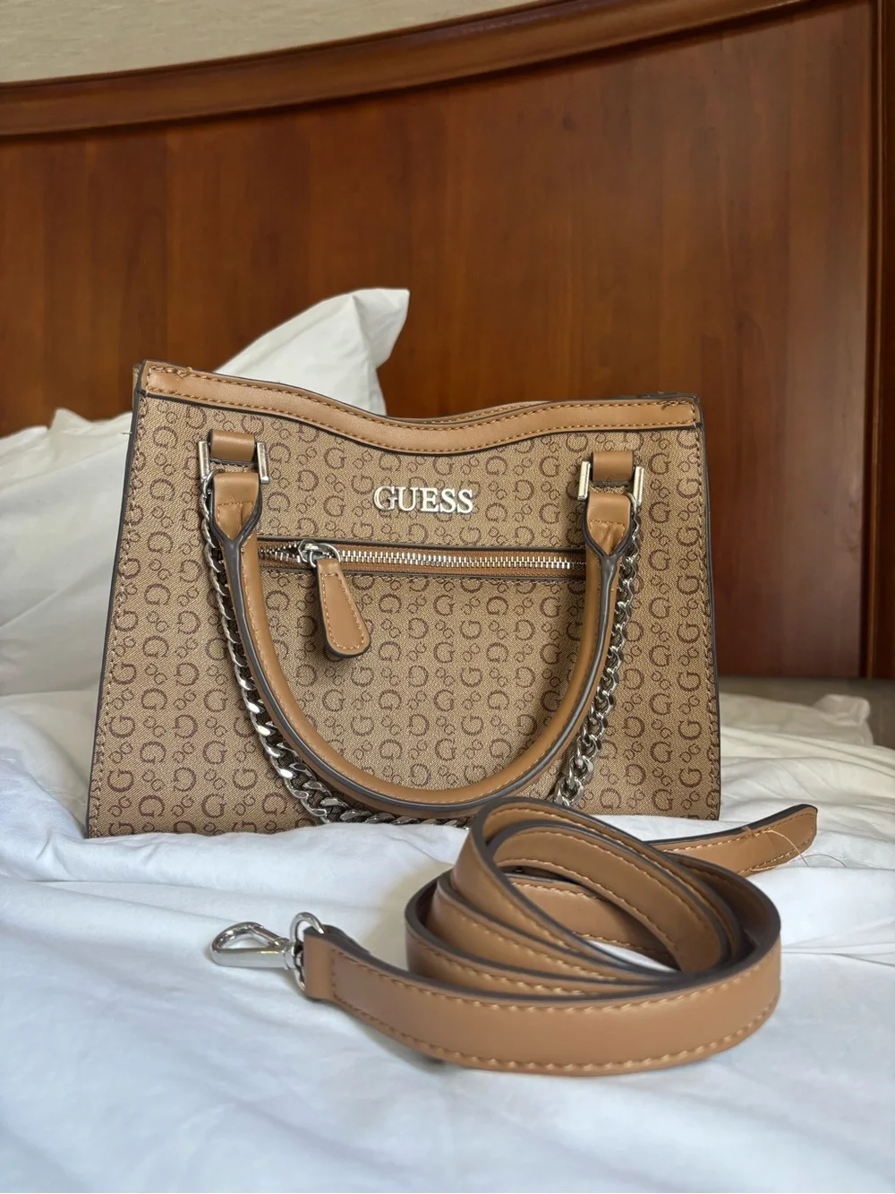 GUESS Tan Logo Chain Accent Satchel/ Hand Bag